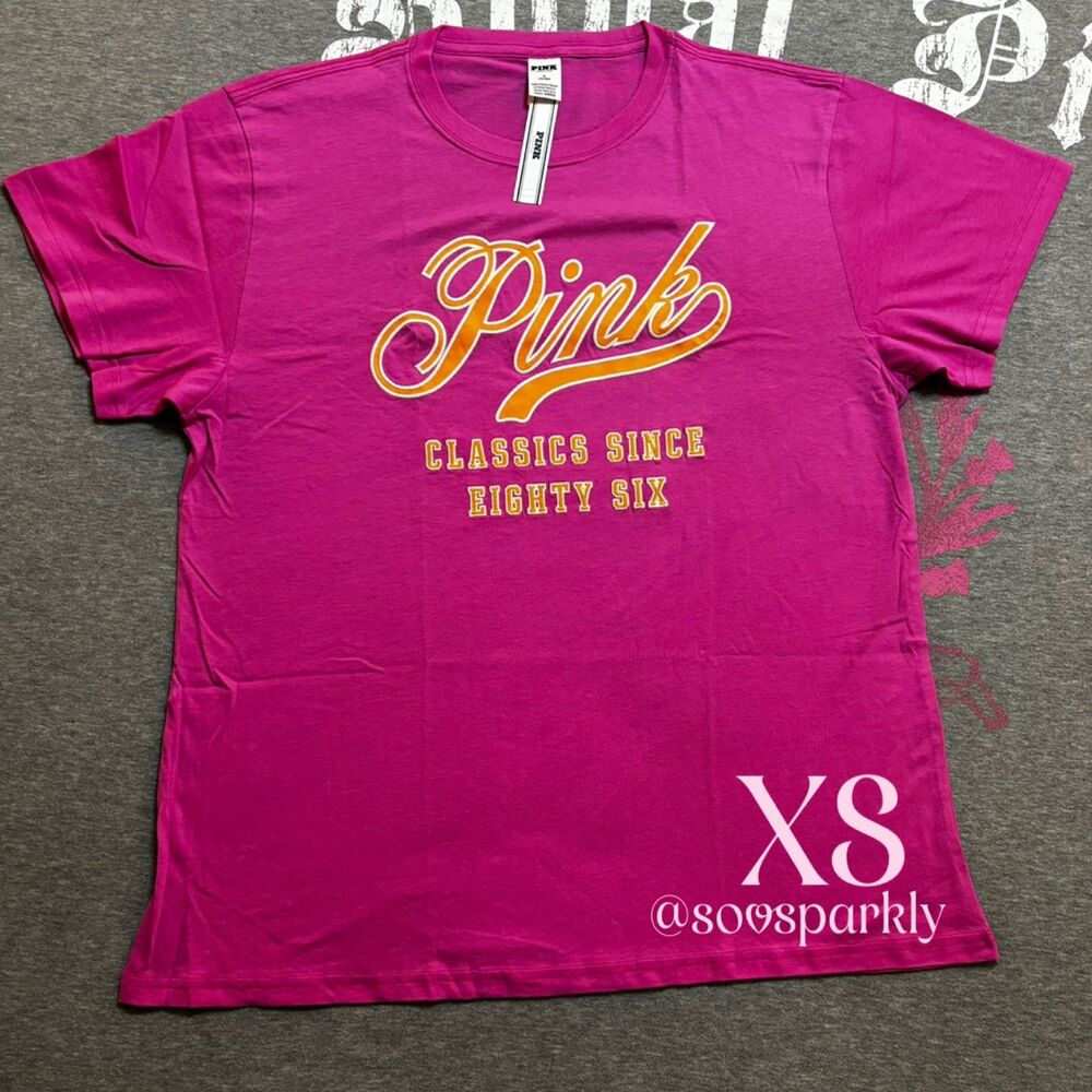 NWT New VS PINK Love Pink Classics 1986 Throwback Logo Campus Tee Shirt XS